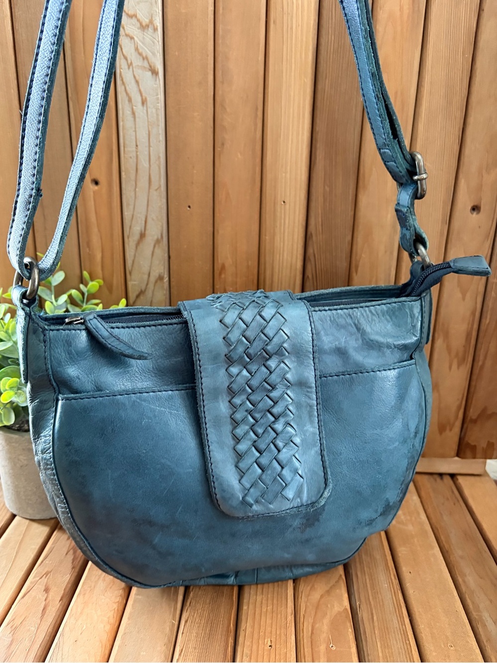 Italian Top Grain Leather Crossbody Bag Blue Woven Flap Boho Vintage Inspired